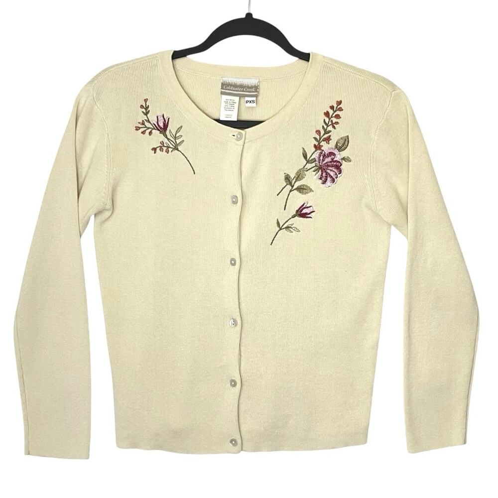 VTG Coldwater Creek Floral Embroidered Cardigan Butter Yellow PXS Cottagecore